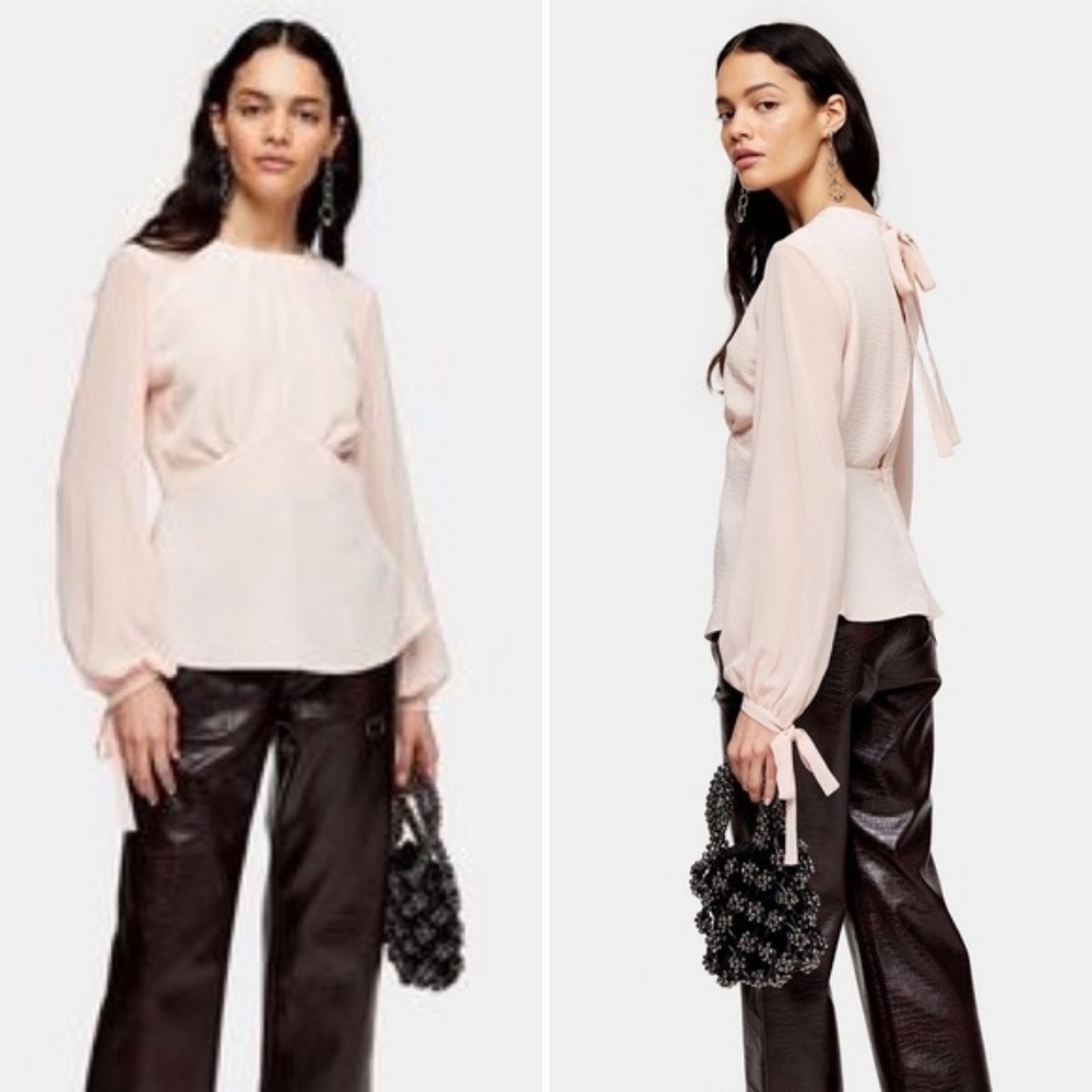 Top Shop Blush Tie Back Long Sleeve Blouse with invisible Side Zipper